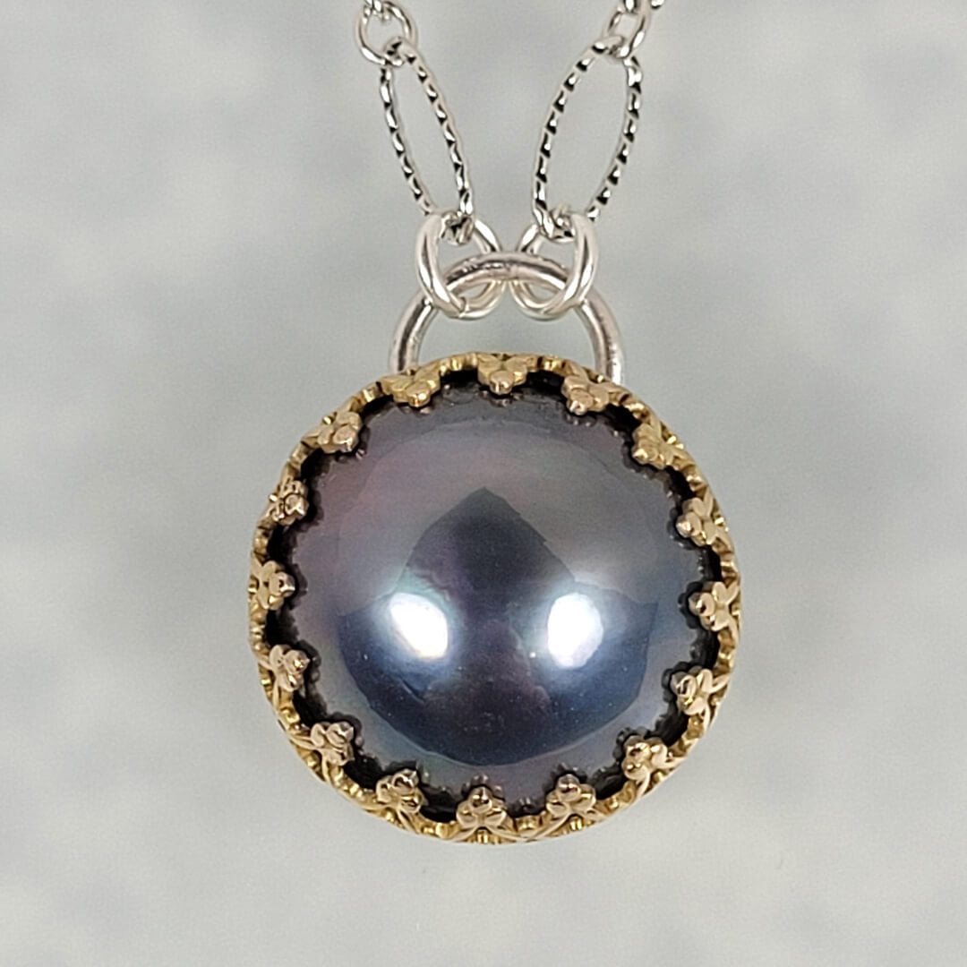 blue mabe pearl necklace in sterling silver and 14kt gold