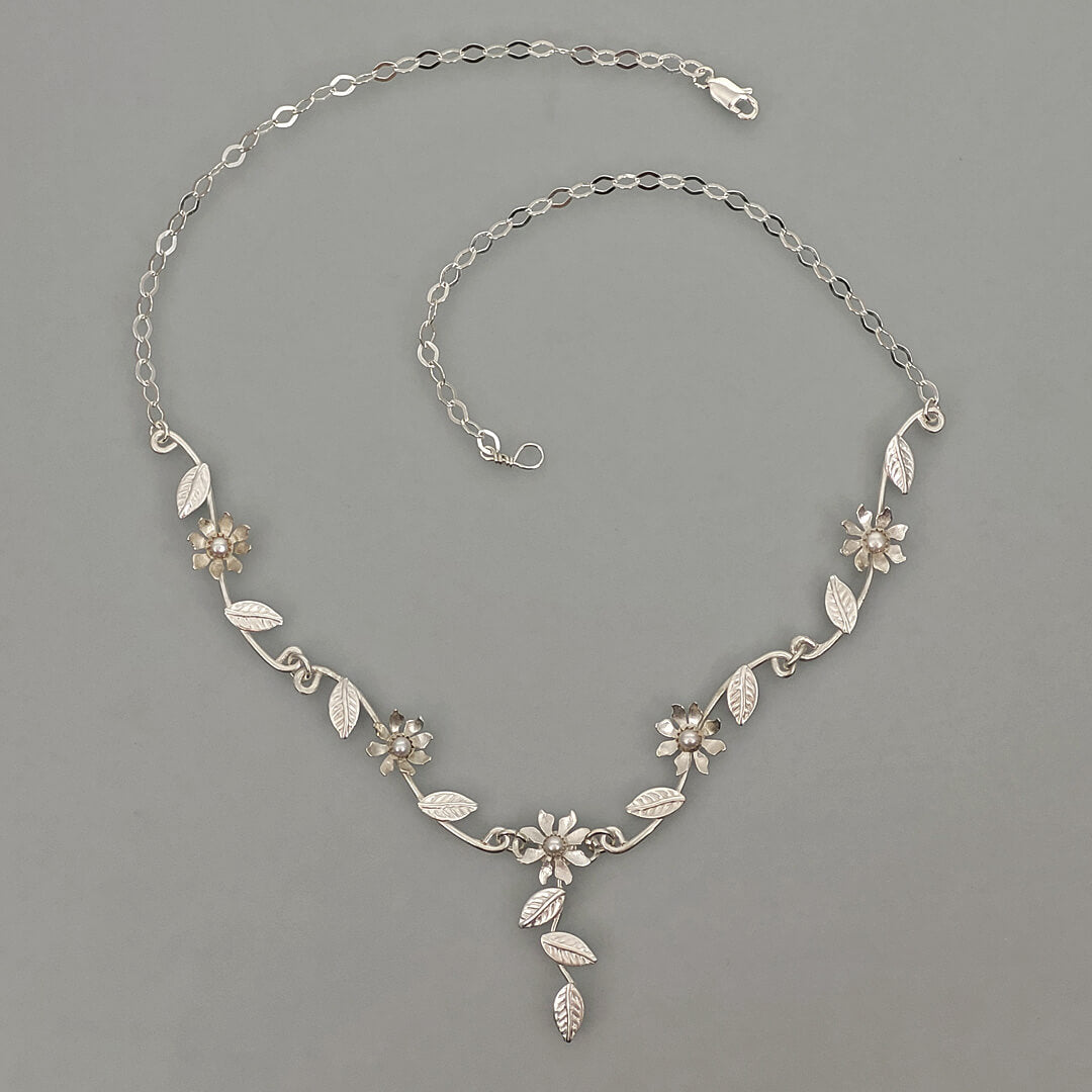 Sterling silver vine and flower necklace with pearls