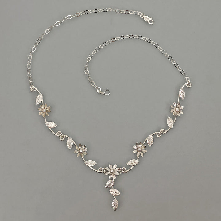 Sterling silver vine and flower necklace with pearls