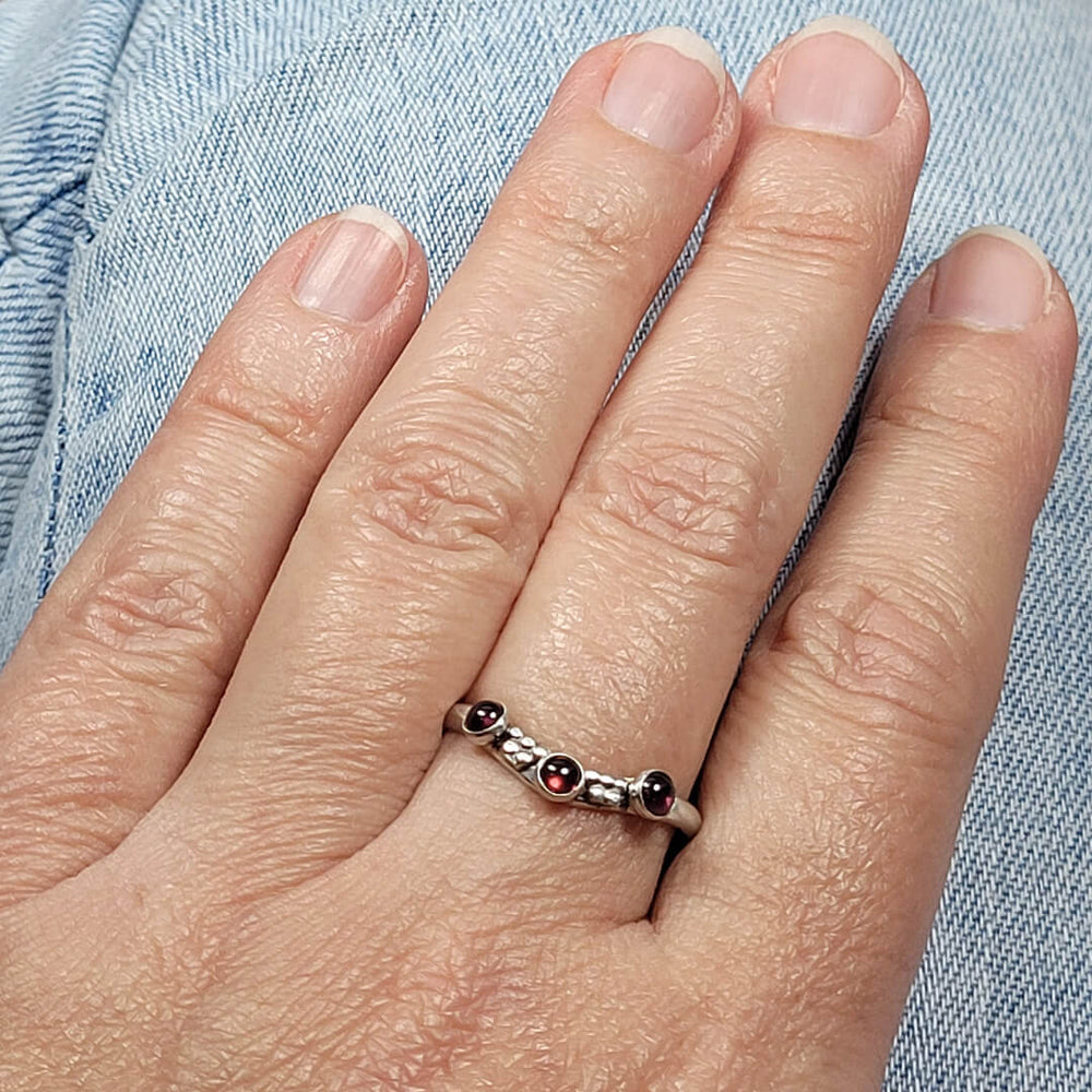 Vintage Inspired Garnet Curved Ring in Sterling Silver