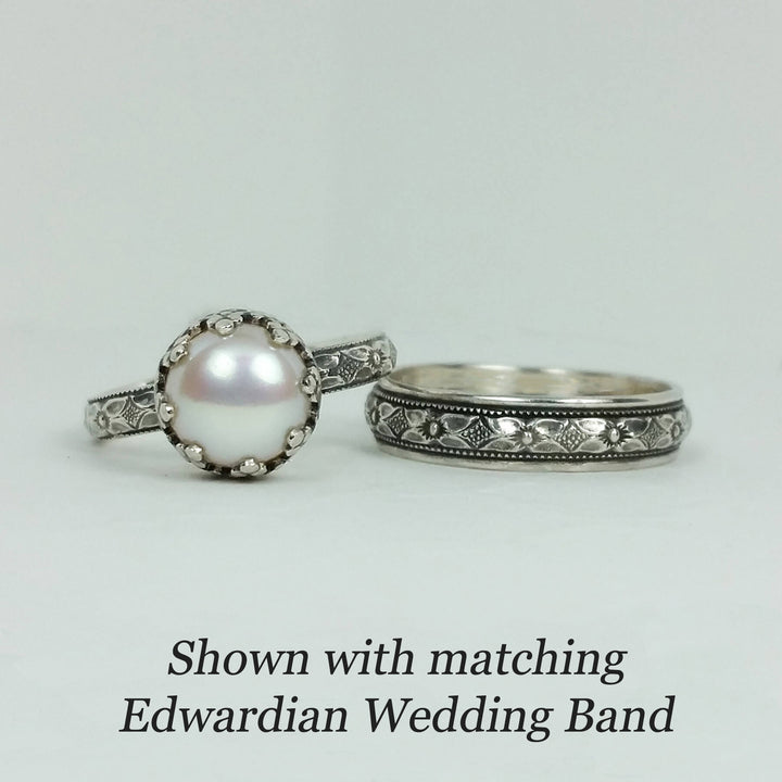 Edwardian inspired vintage style pearl engagement ring and matching wedding band