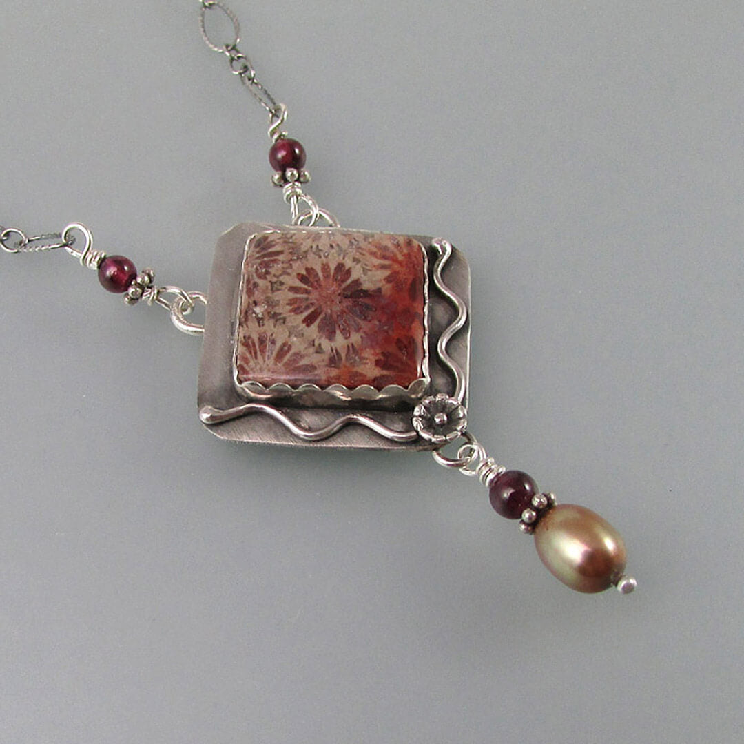 red flower fossil coral necklace