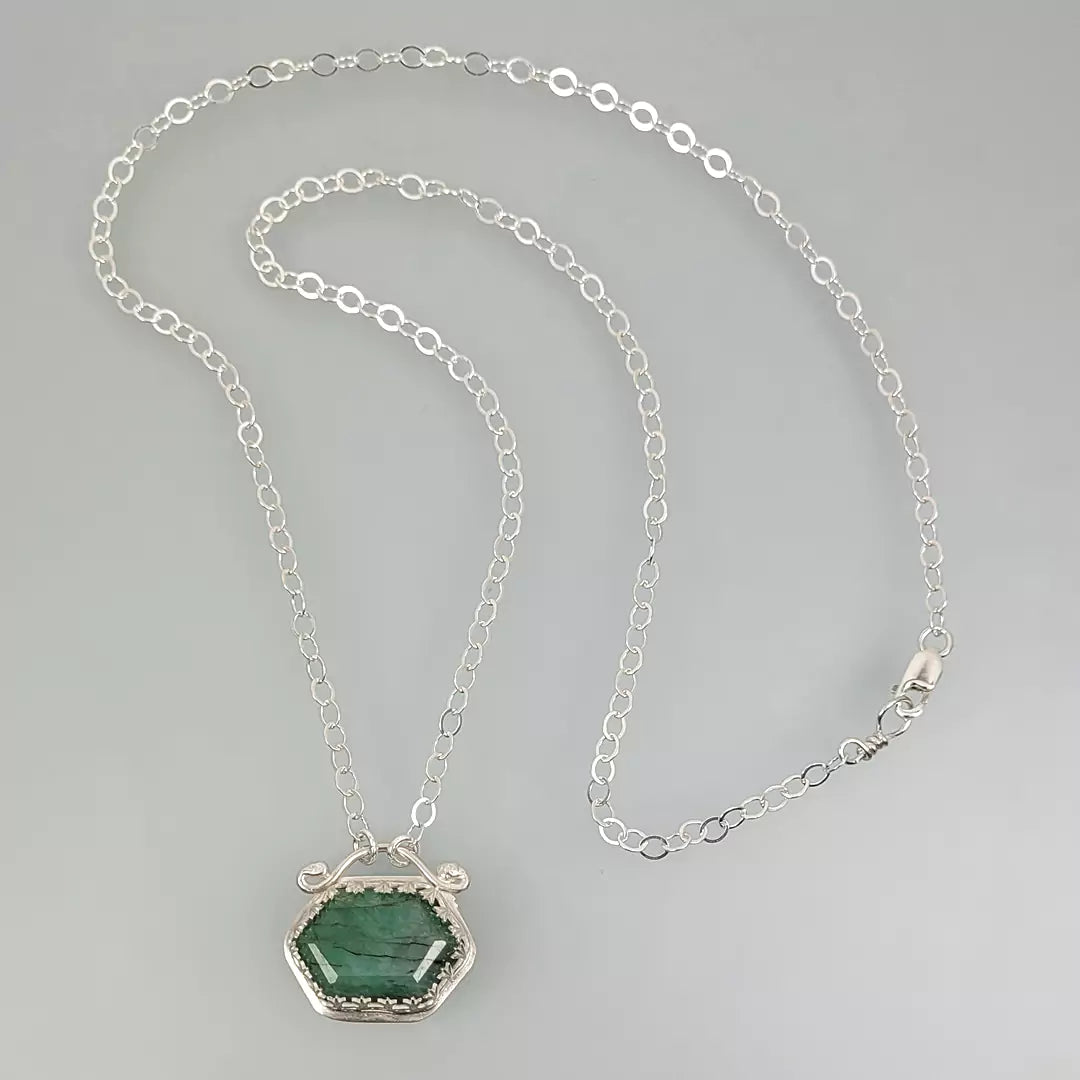 Hexagon Emerald Necklace in Sterling Silver