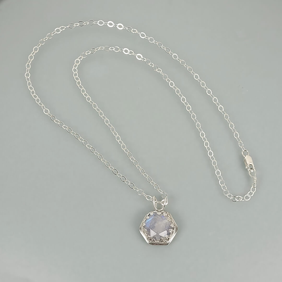Hexagon Cut Rainbow Moonstone  Pendant Necklace in Sterling Silver