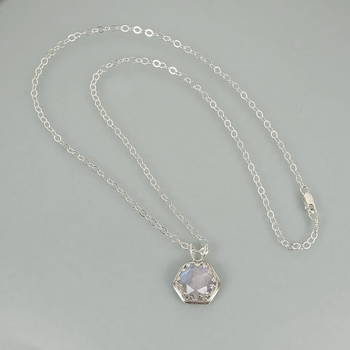 Hexagon Cut Rainbow Moonstone  Pendant Necklace in Sterling Silver
