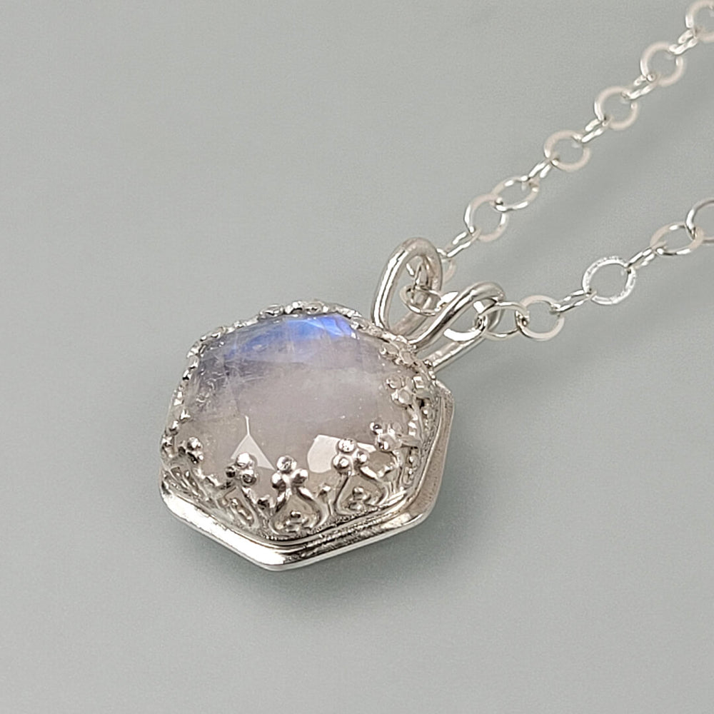 Hexagon Cut Rainbow Moonstone Necklace in Sterling Silver