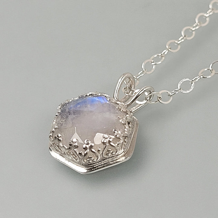 Hexagon Cut Rainbow Moonstone Necklace in Sterling Silver