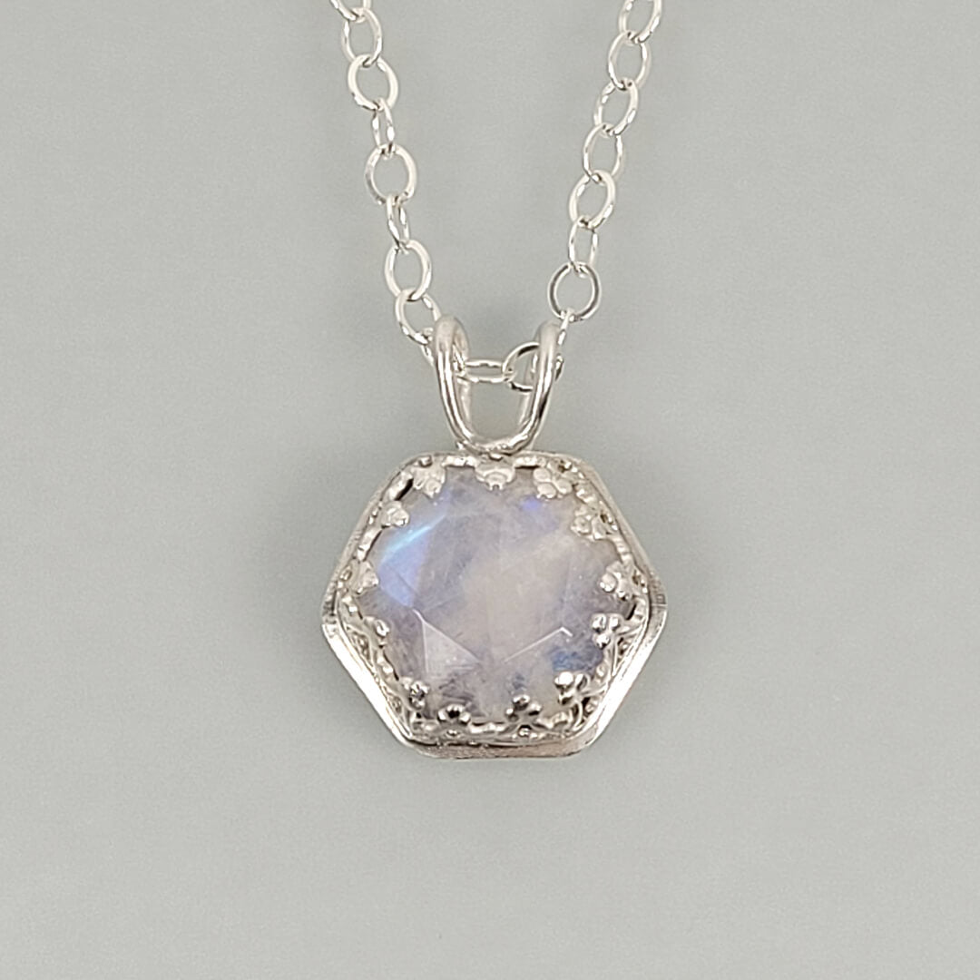Hexagon Cut Rainbow Moonstone  Pendant Necklace in Sterling Silver