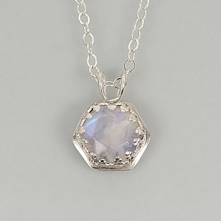 Hexagon Cut Rainbow Moonstone  Pendant Necklace in Sterling Silver