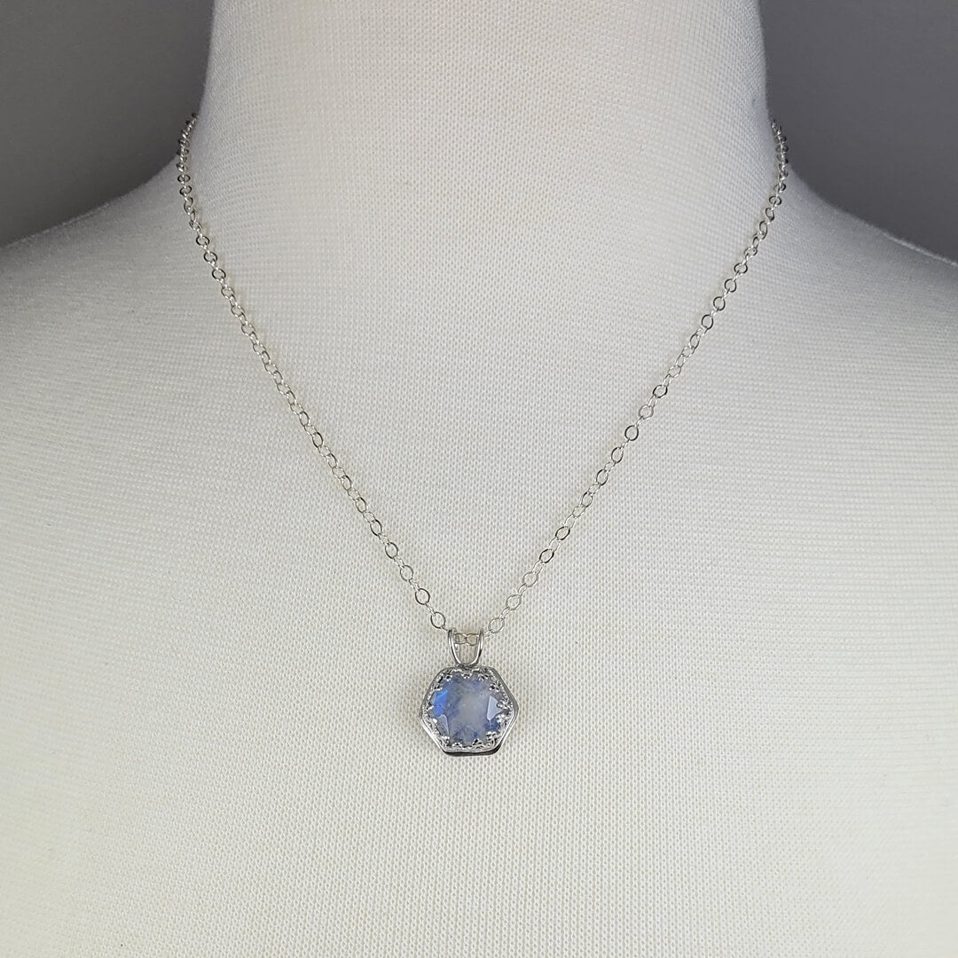 Hexagon Cut Rainbow Moonstone  Pendant Necklace in Sterling Silver