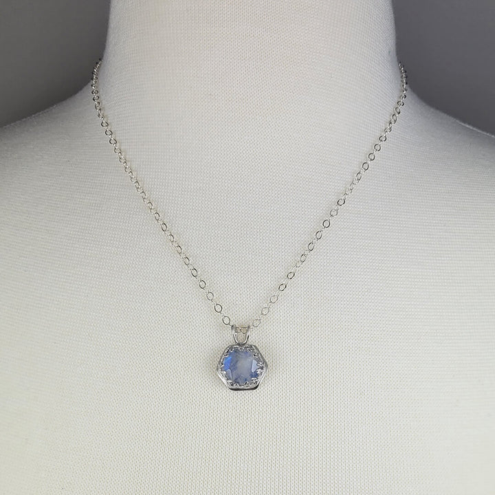 Hexagon Cut Rainbow Moonstone  Pendant Necklace in Sterling Silver