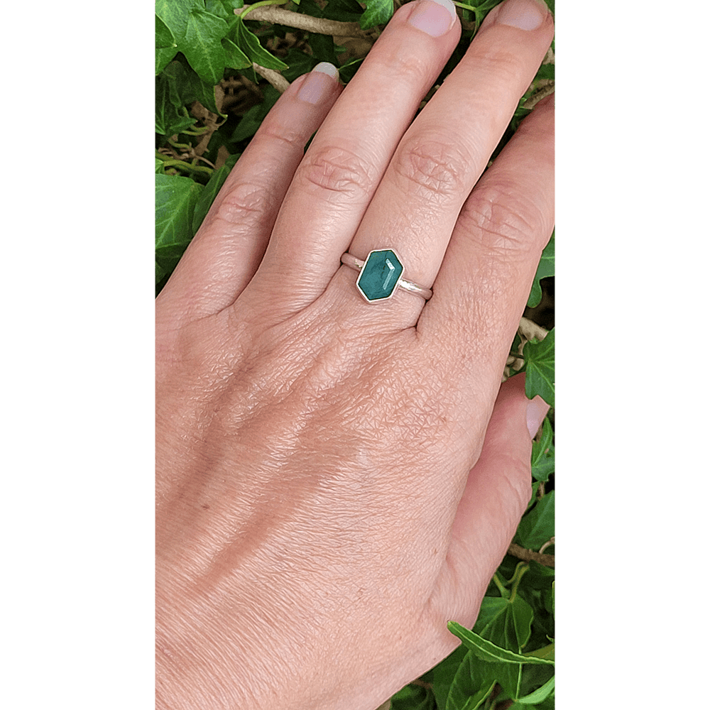 hexagon-shaped emerald ring in sterling silver
