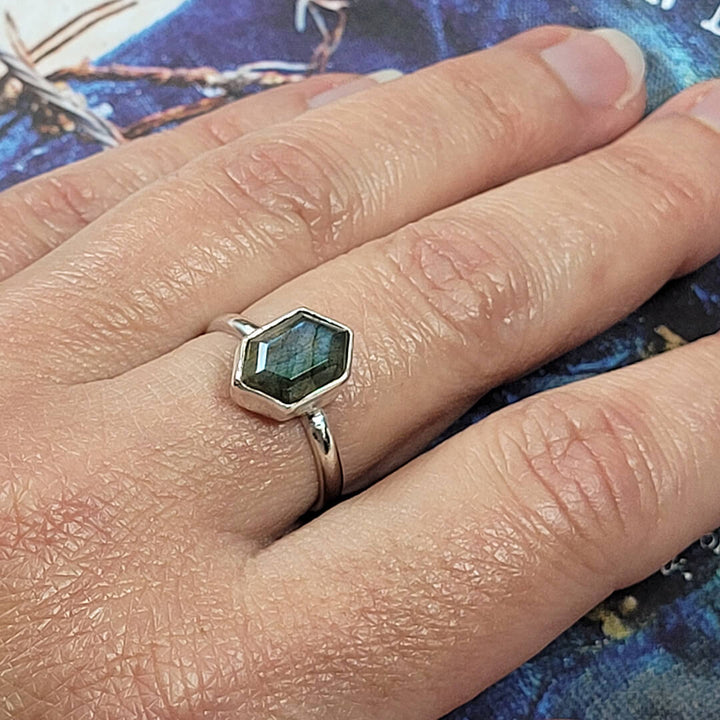 hexagon-shaped labradorite ring in sterling silver