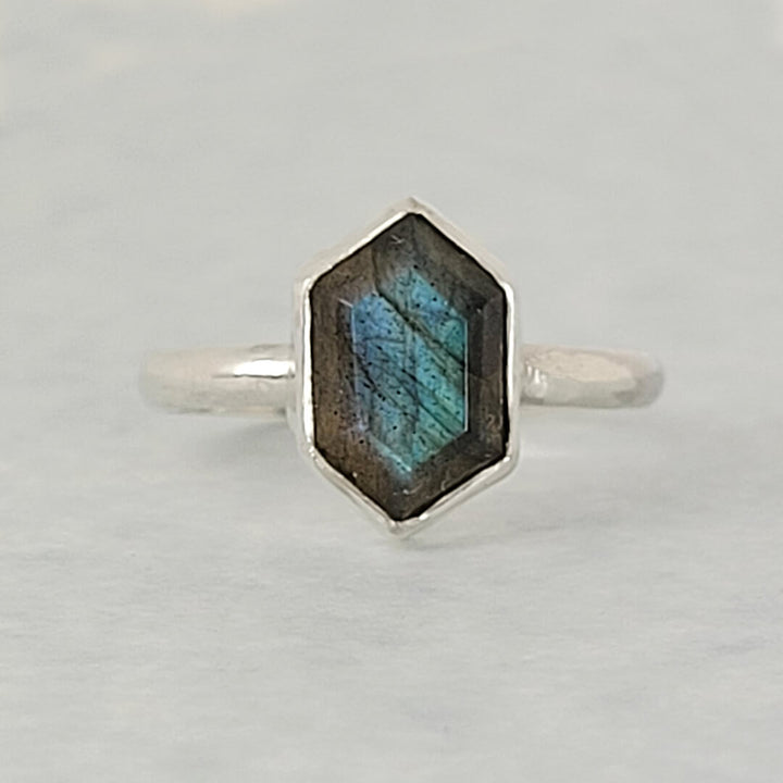 hexagon-shaped labradorite ring in sterling silver