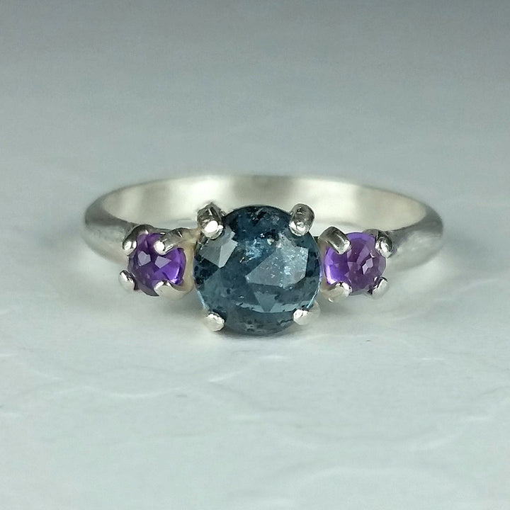 Moss kyanite ring with amethyst in sterling silver