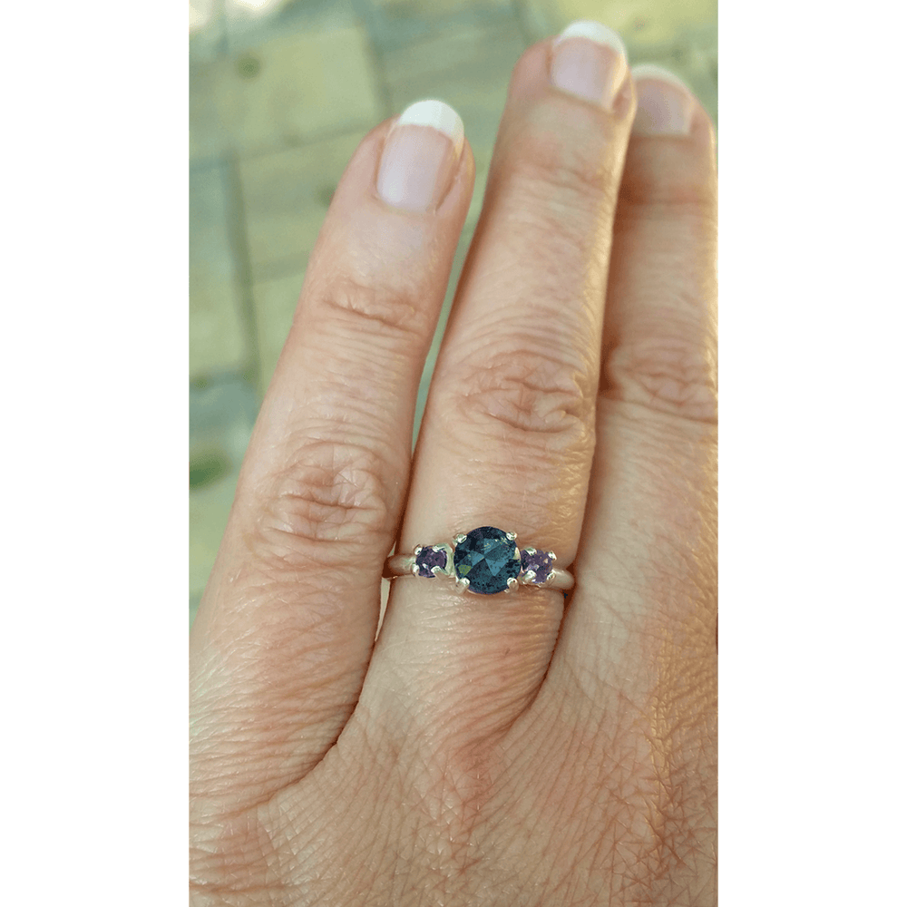 Rose cut rustic moss kyanite and amethyst ring in sterling silver