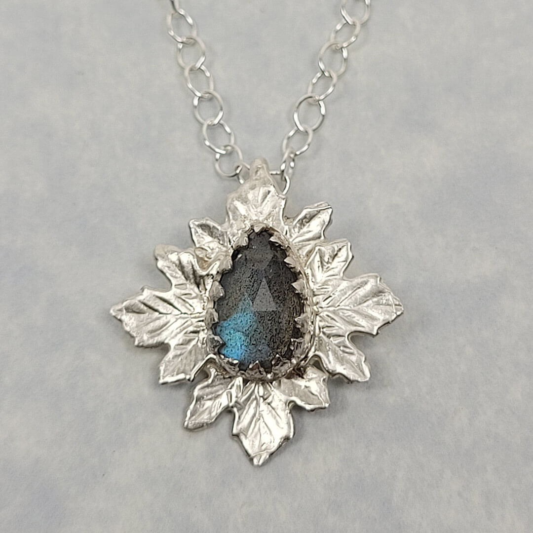 Woodland sprite labradorite necklace with leaves in sterling silver
