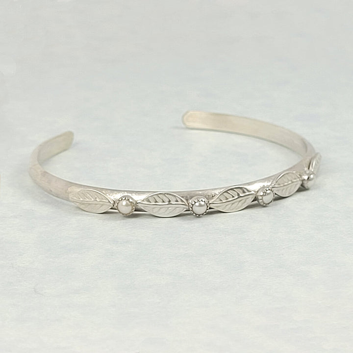 sterling silver cuff bracelet with leaves and pearls