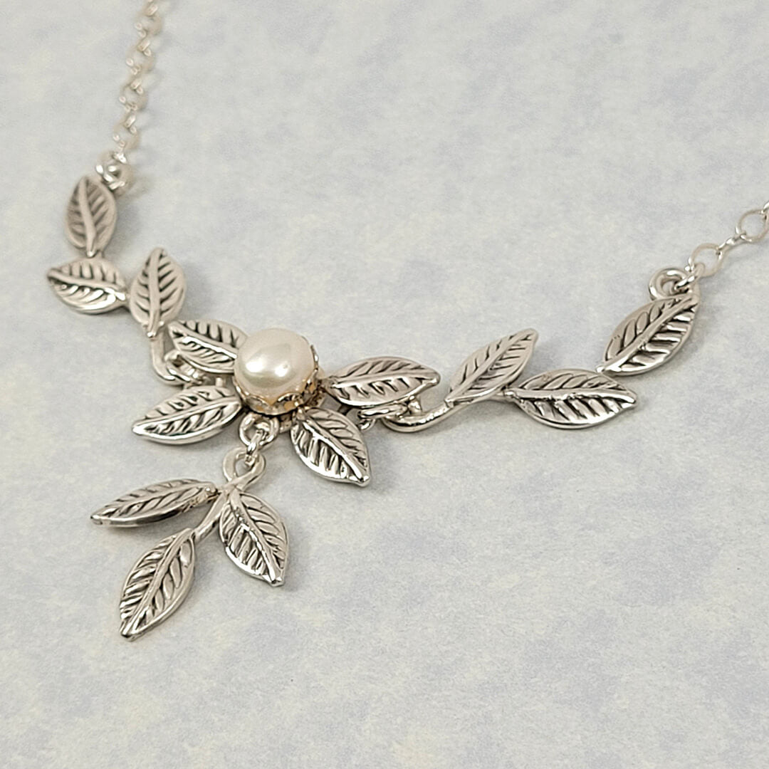 Sterling silver vine and leaf necklace with pearl