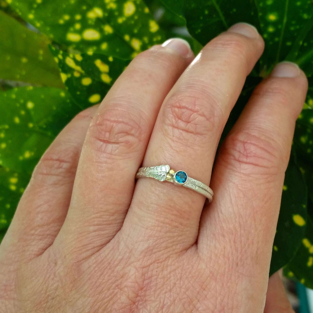 Twig and Leaf Engagement Ring with London Blue Topaz  in Sterling Silver and 14kt Gold