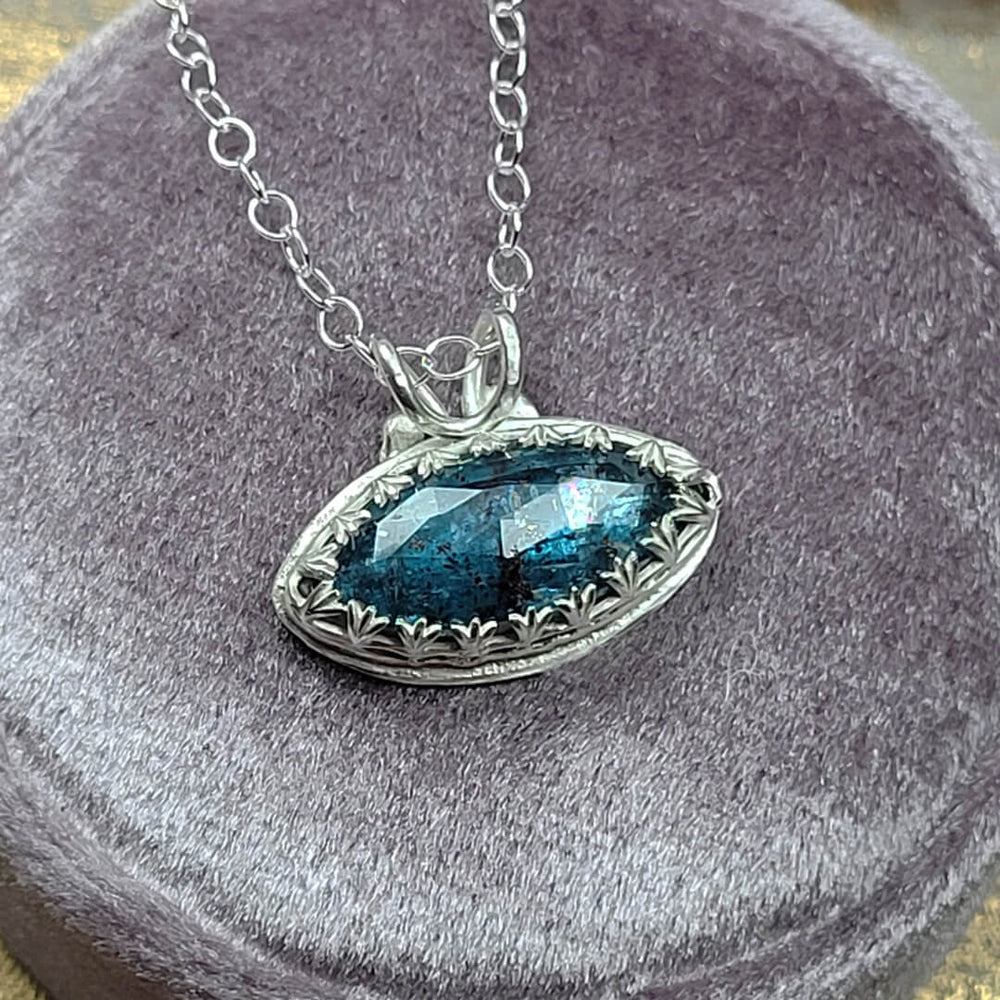 Marquise Cut Kyanite Pendant Necklace in Sterling Silver, Vintage Style