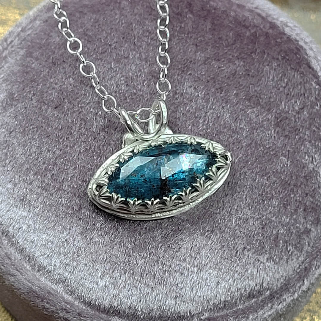 Marquise Cut Kyanite Pendant Necklace in Sterling Silver, Vintage Style