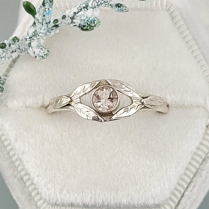 Morganite Ring with Leaves in Sterling Silver