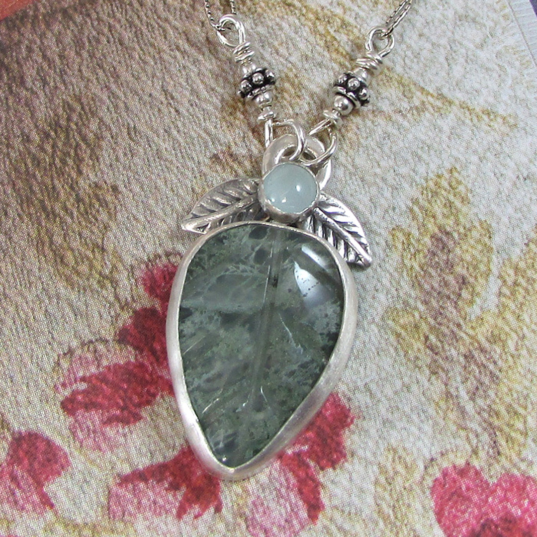 moss agate hand-carved leaf necklace with aquamarine 