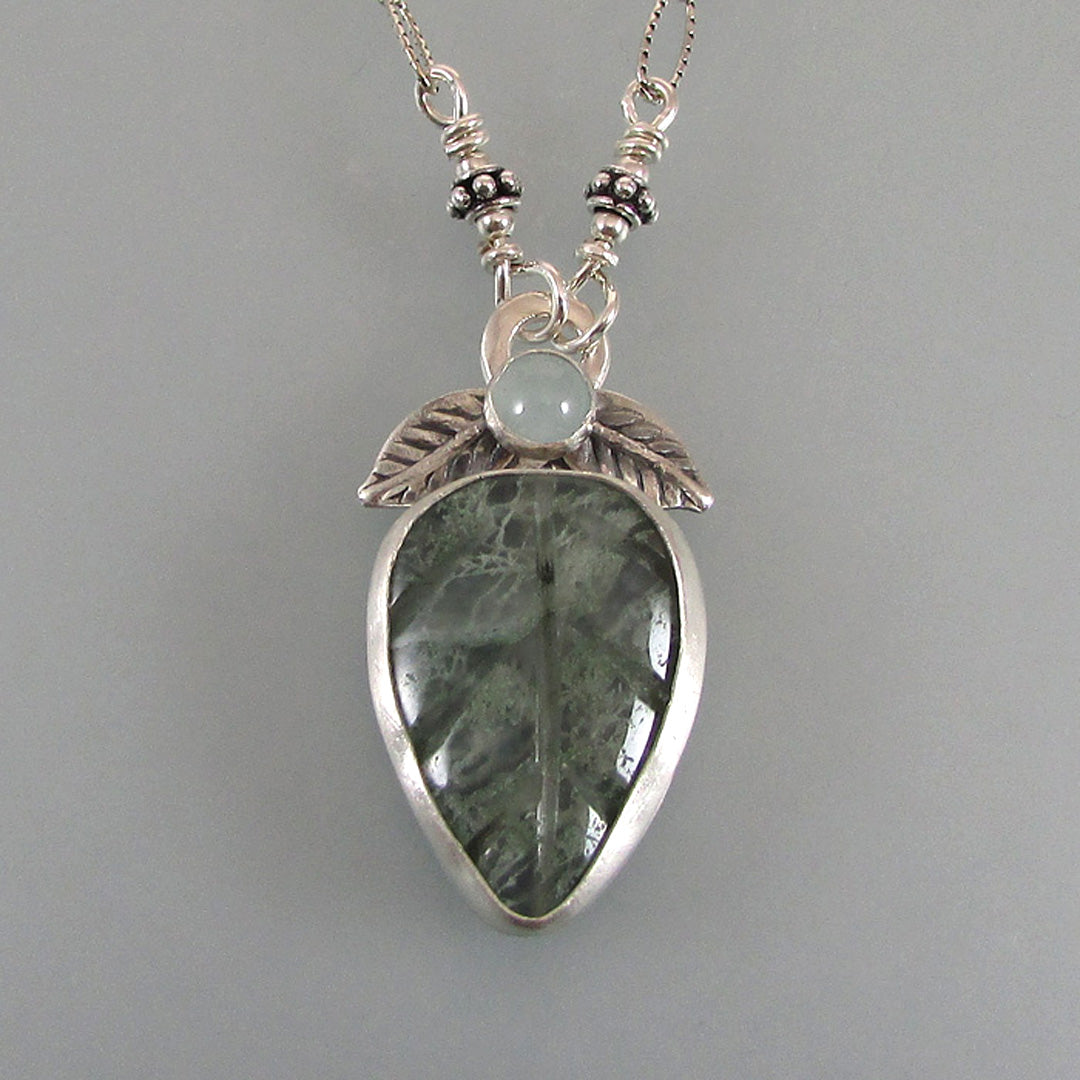 Moss agate leaf necklace with aquamarine in sterling silver