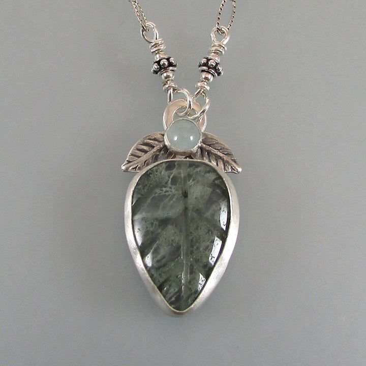 Moss agate leaf necklace with aquamarine in sterling silver