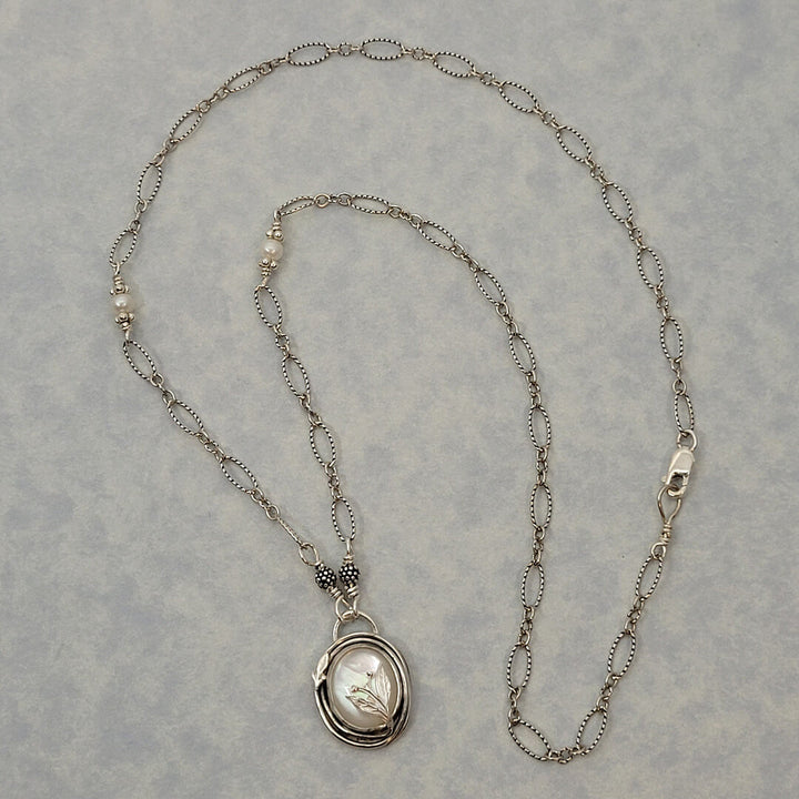 nature-inspired mother of pearl necklace with leaves in sterling silver