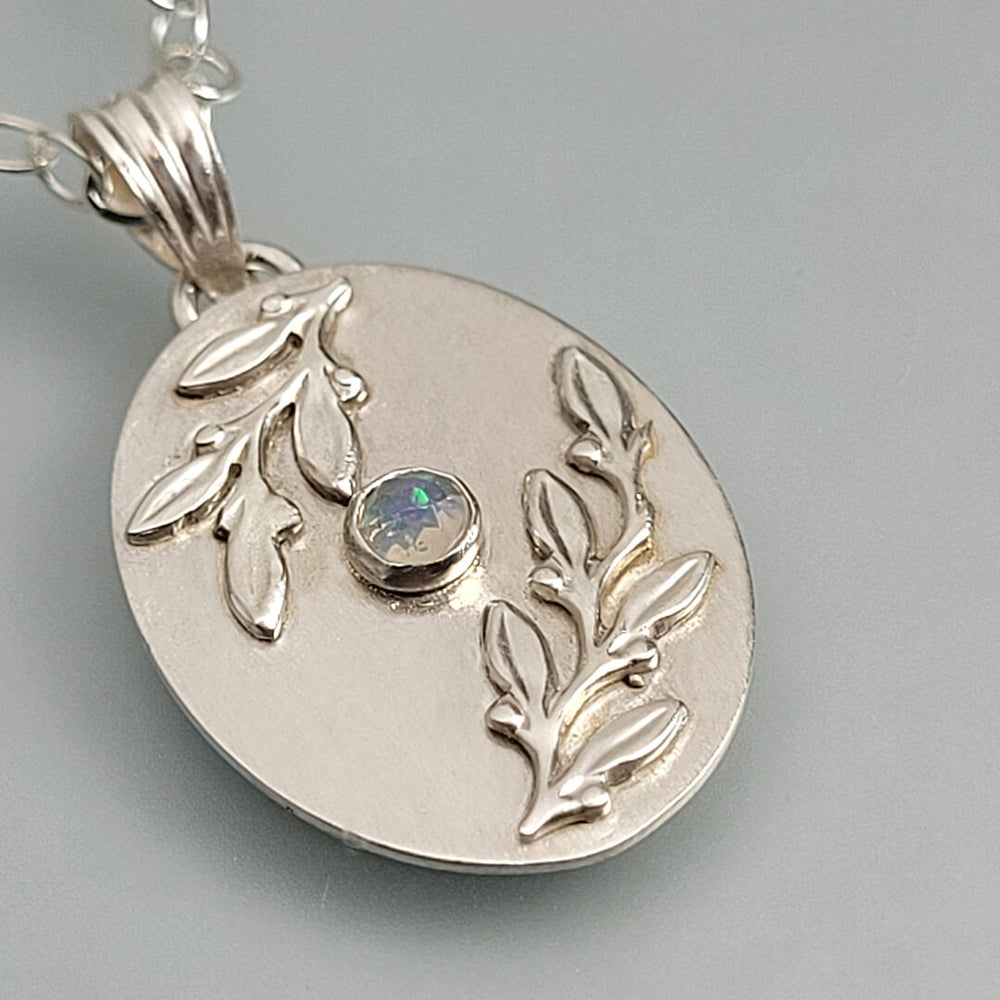 Leaf Bordered Opal Necklace in Sterling Silver