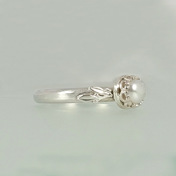 leaf pearl engagement ring in sterling silver