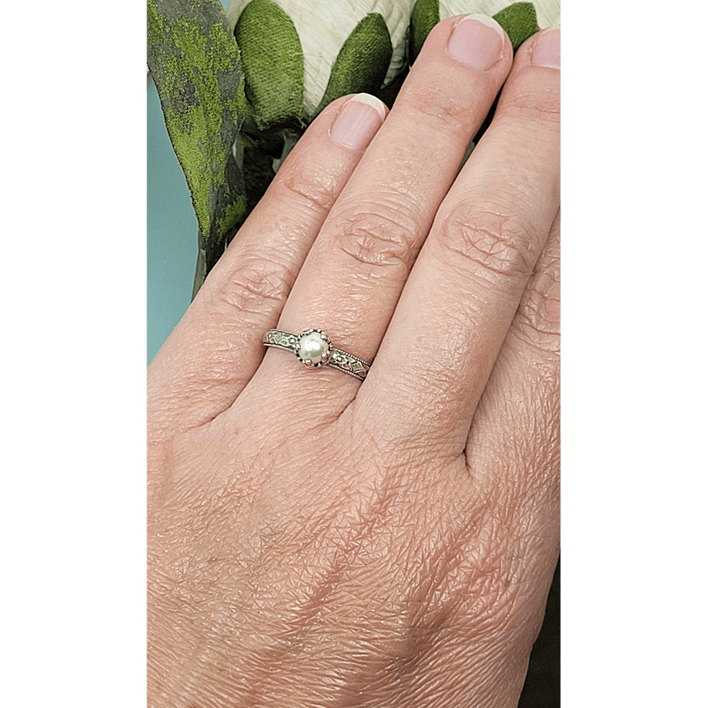 Edwardian vintage-inspired petite pearl engagement ring in sterling silver