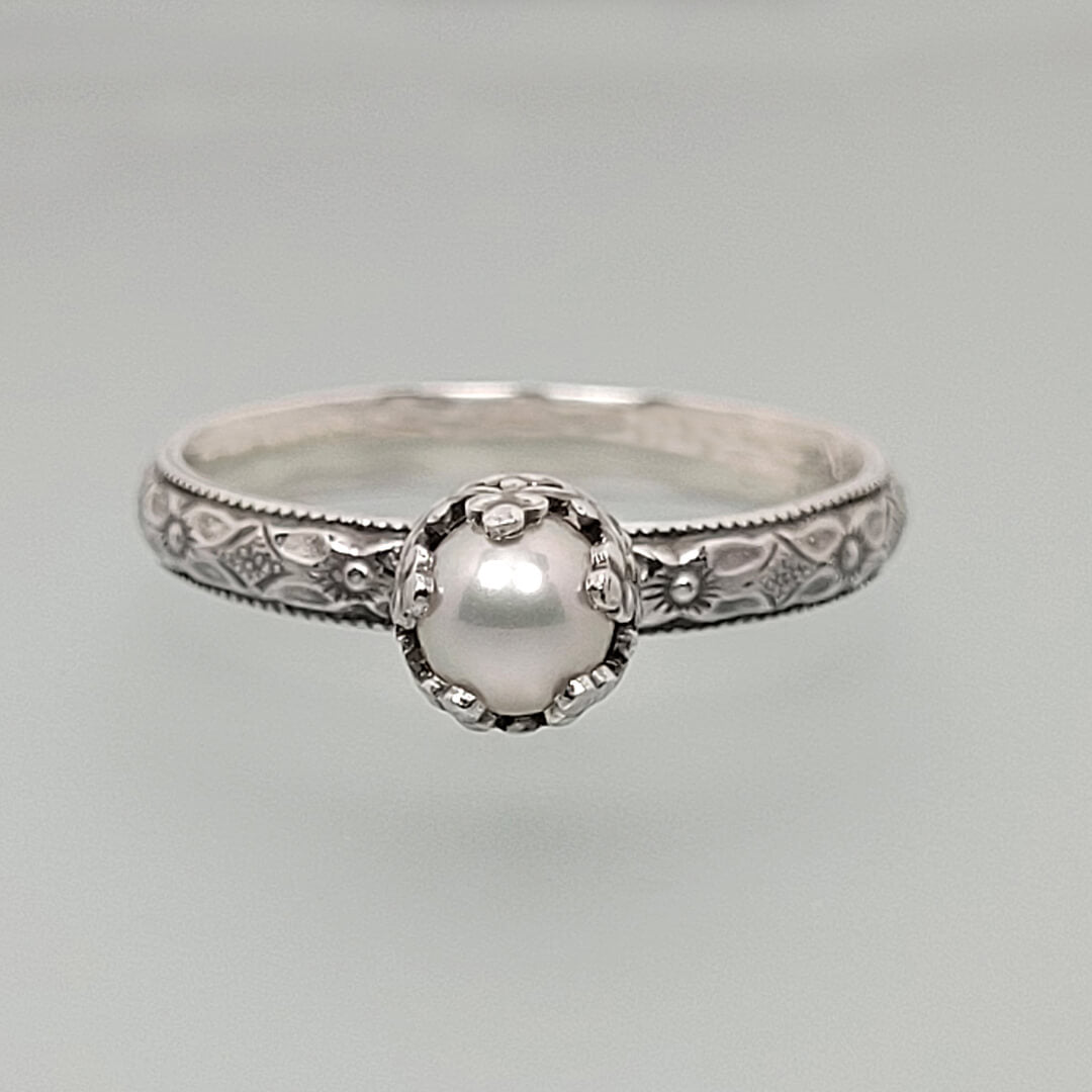Edwardian vintage-inspired petite pearl engagement ring in sterling silver