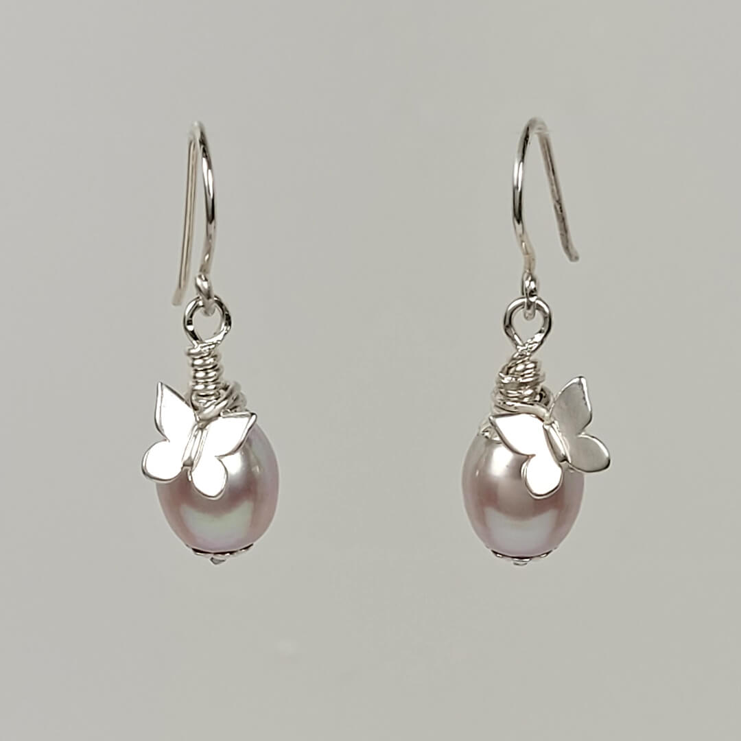 Butterfly Pearl Earrings with Pink Pearl in Sterling Silver