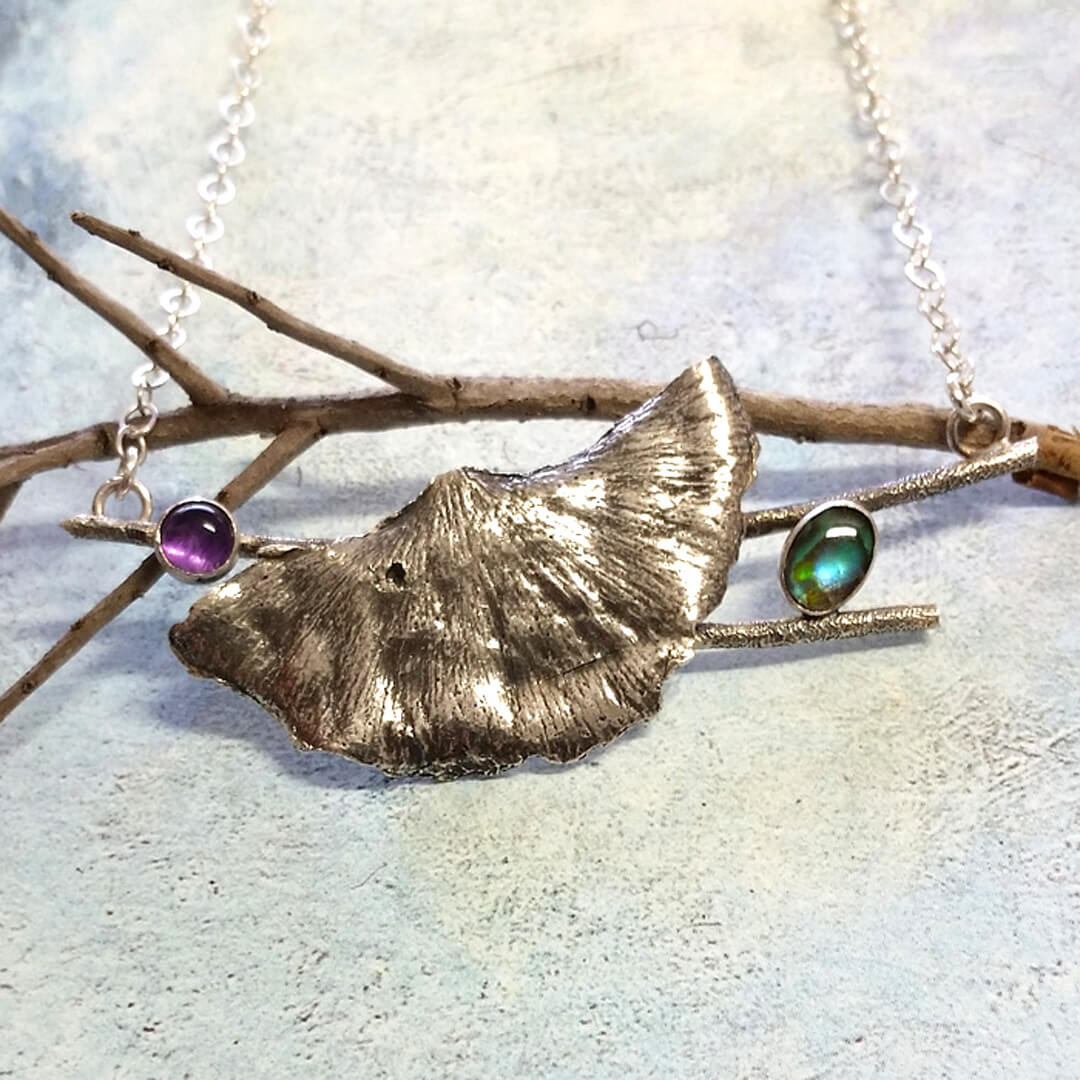 ginkgo leaf necklace with amethyst and abalone