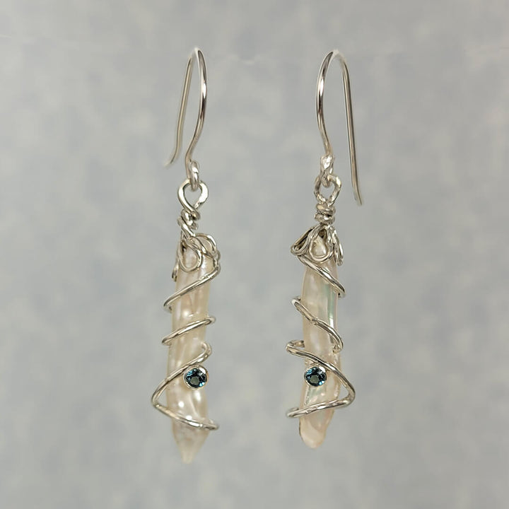stick pearl earrings with London blue topaz