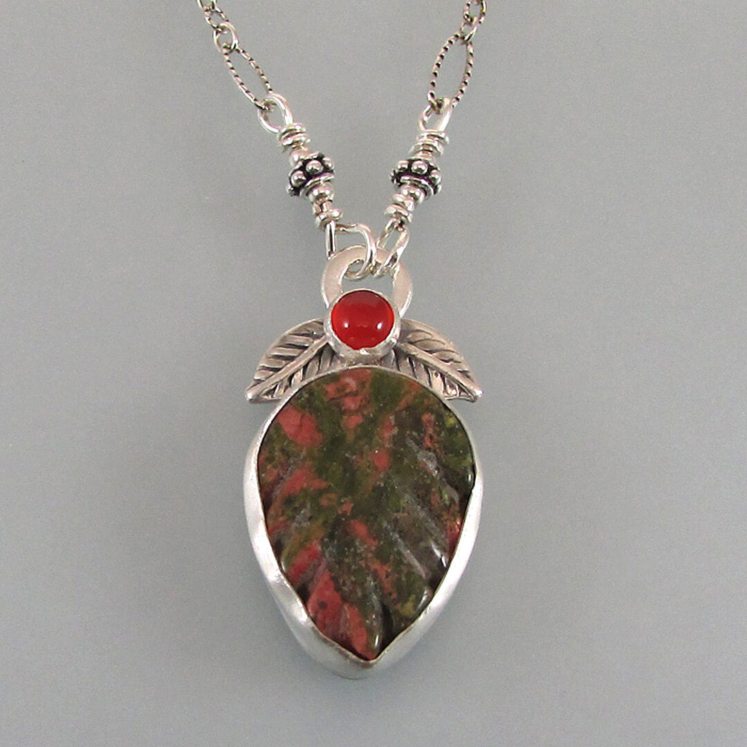 Unakite leaf necklace with carnelian