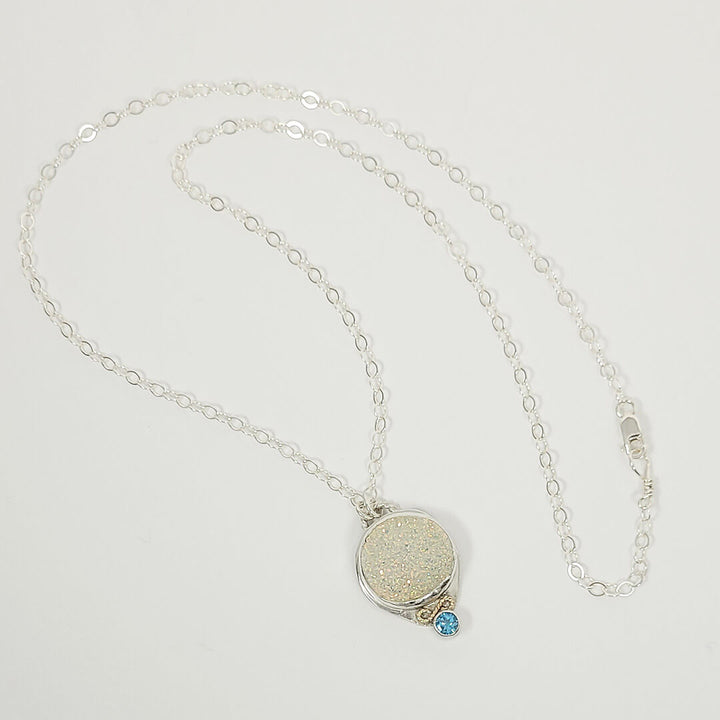 White druzy necklace with blue topaz in sterling silver