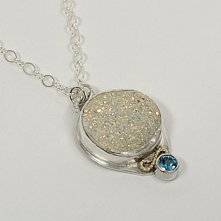 White druzy necklace with blue topaz in sterling silver