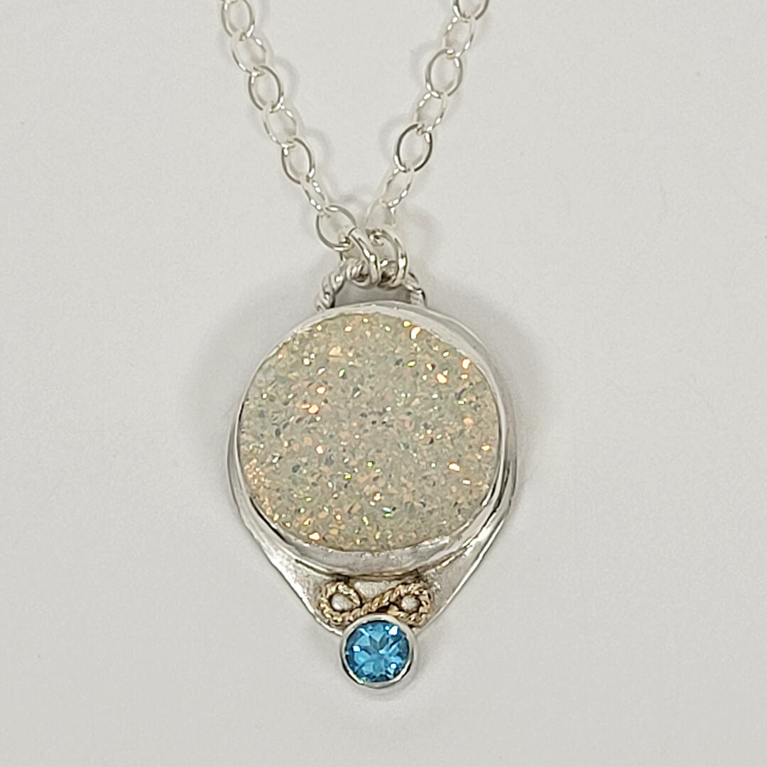 White druzy necklace with blue topaz in sterling silver