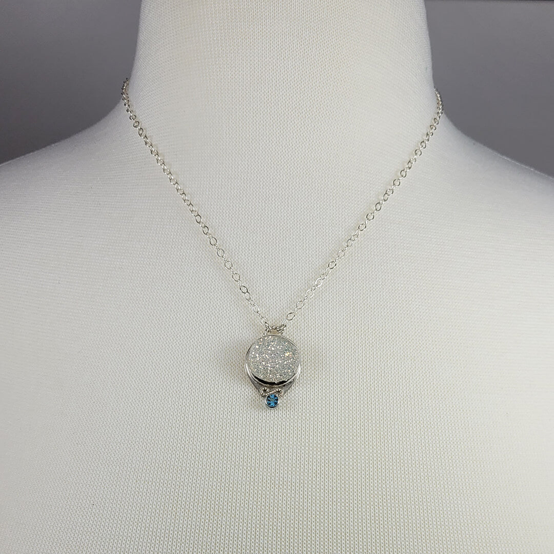 White druzy quartz necklace with blue topaz in sterling silver