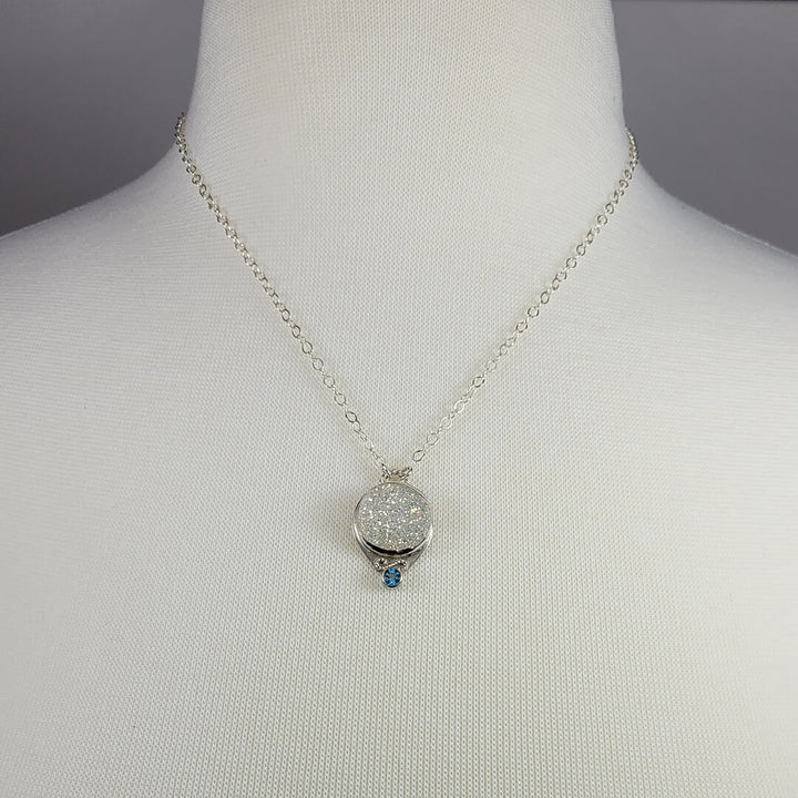 White druzy quartz necklace with blue topaz in sterling silver