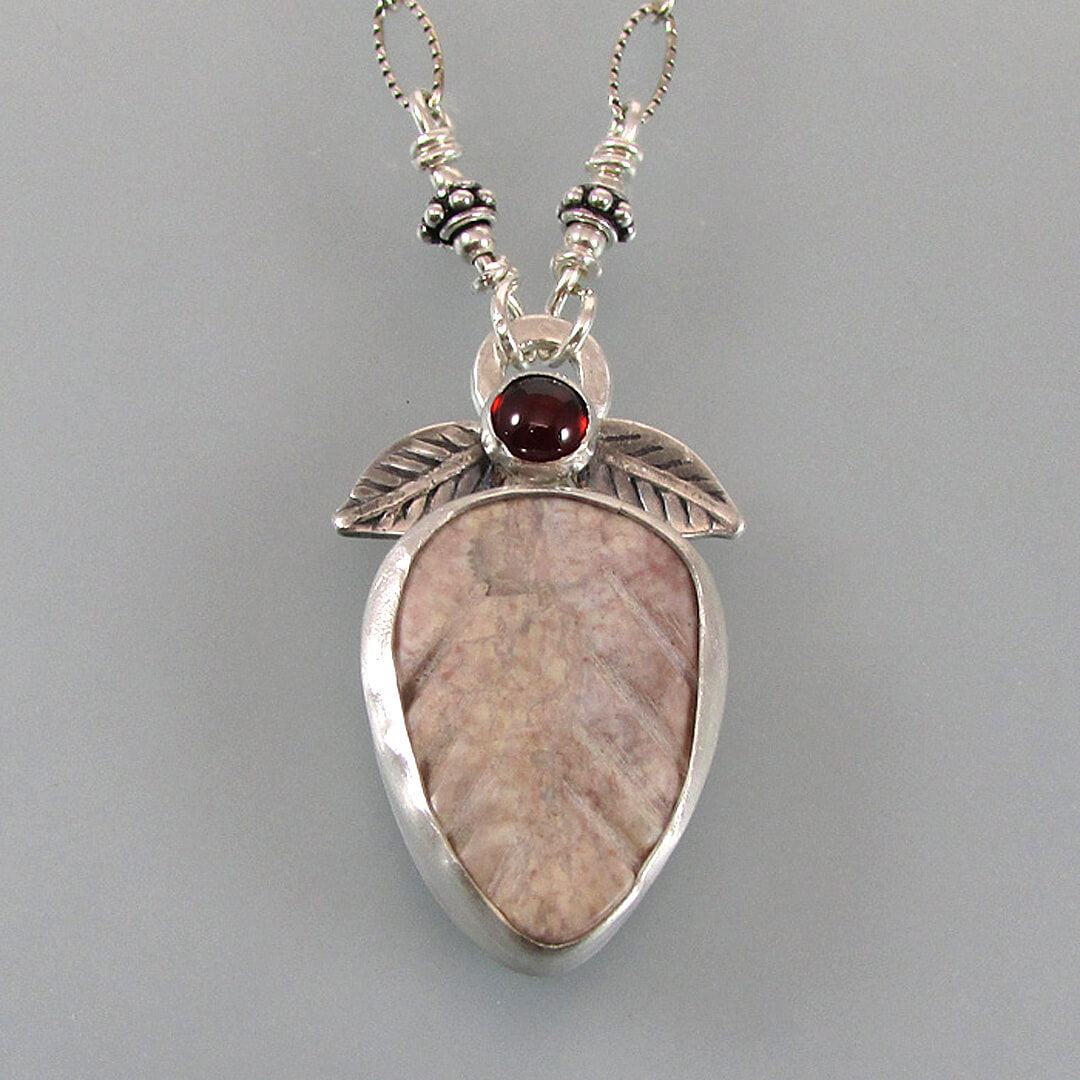 sterling silver leaf necklace with agate and garnet