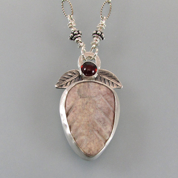 sterling silver leaf necklace with agate and garnet