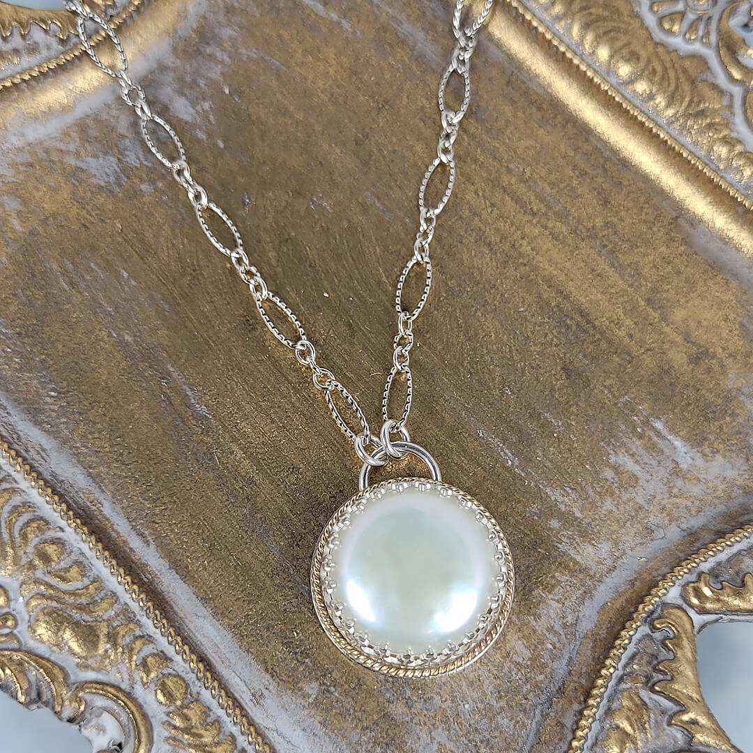 flat coin pearl necklace in sterling silver and 14kt gold
