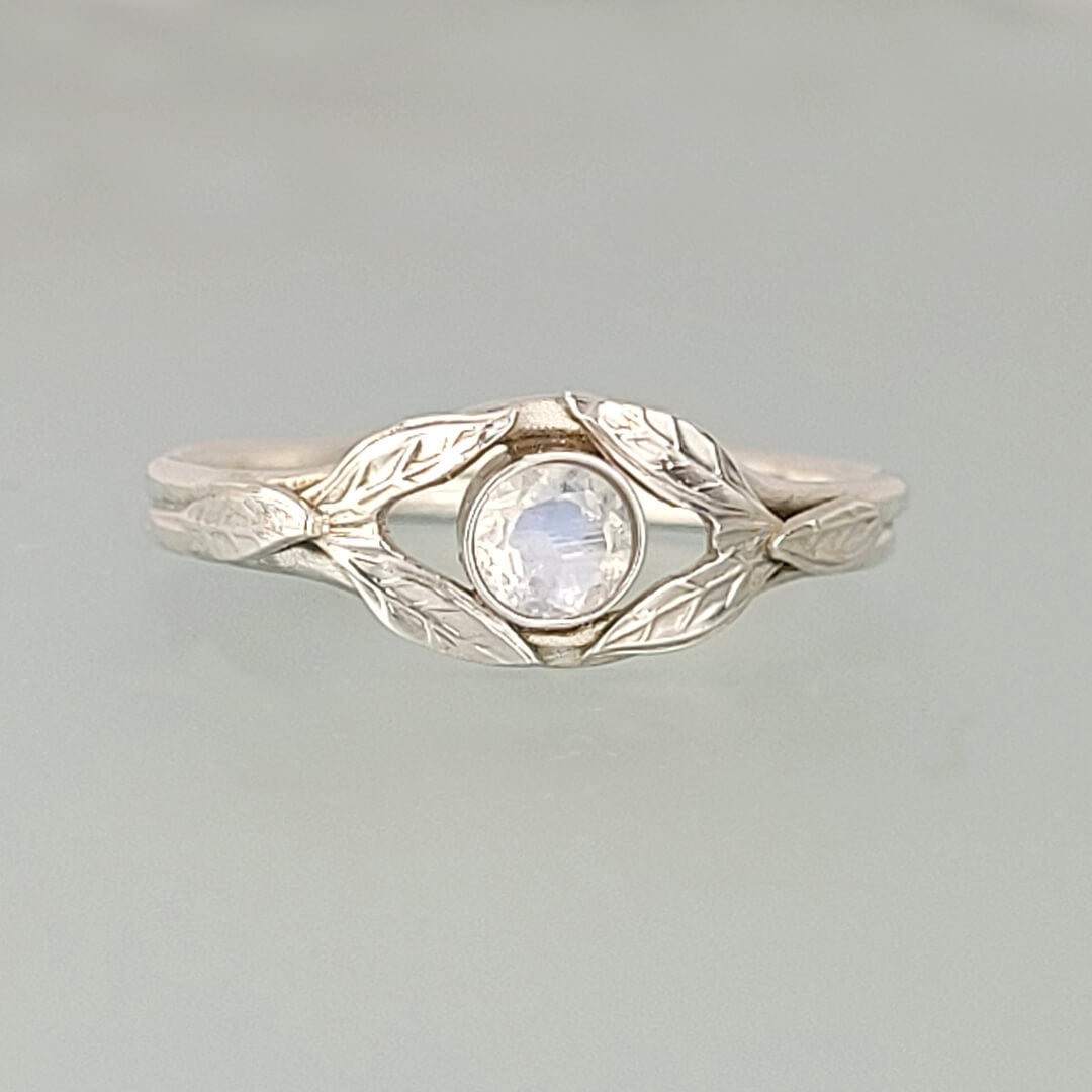 Nature-inspired Moonstone Ring with Leaves in Sterling Silver