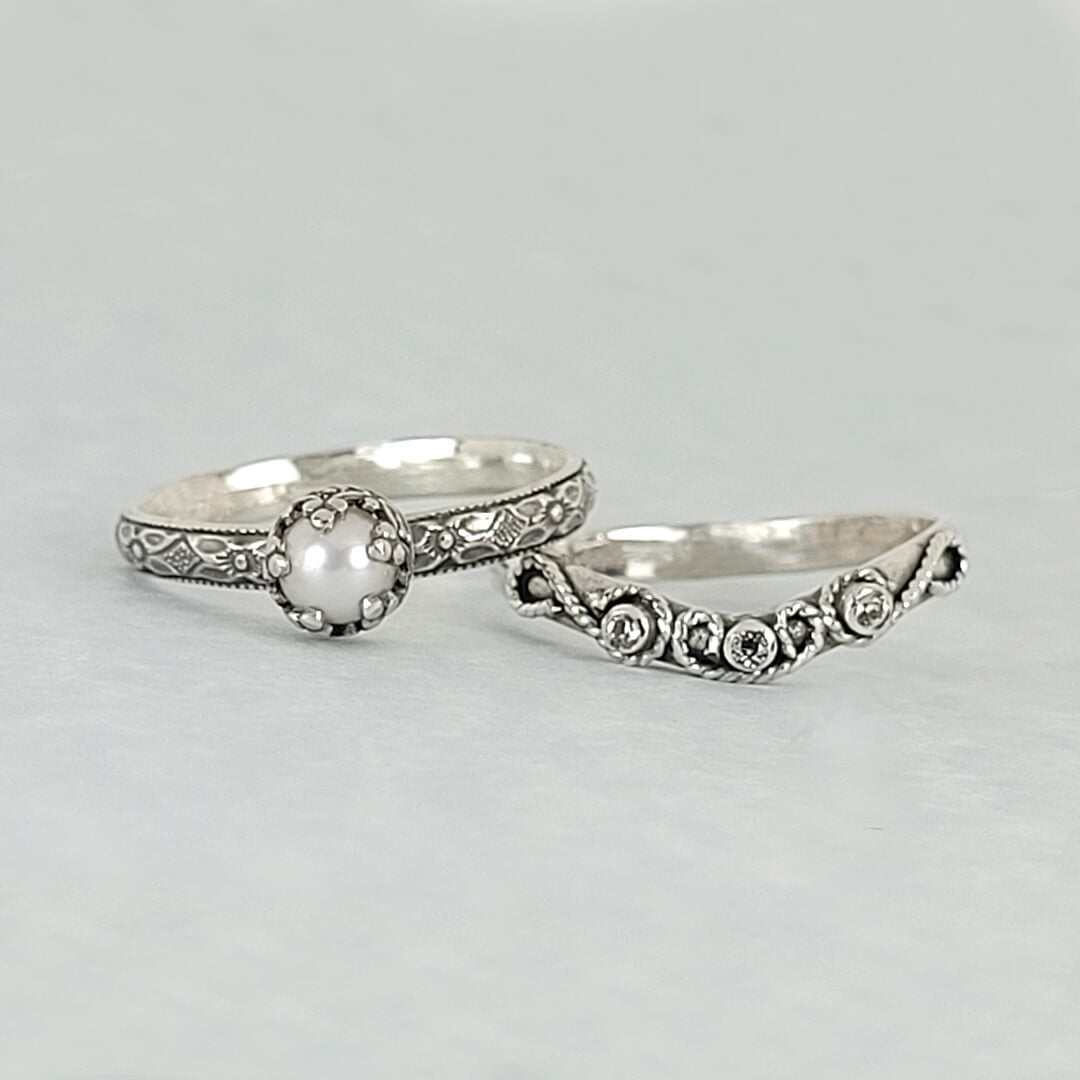 Petite Edwardian Style Pearl Engagement Ring and Vintage Style Scrollwork White Sapphire Curved Wedding Band Set