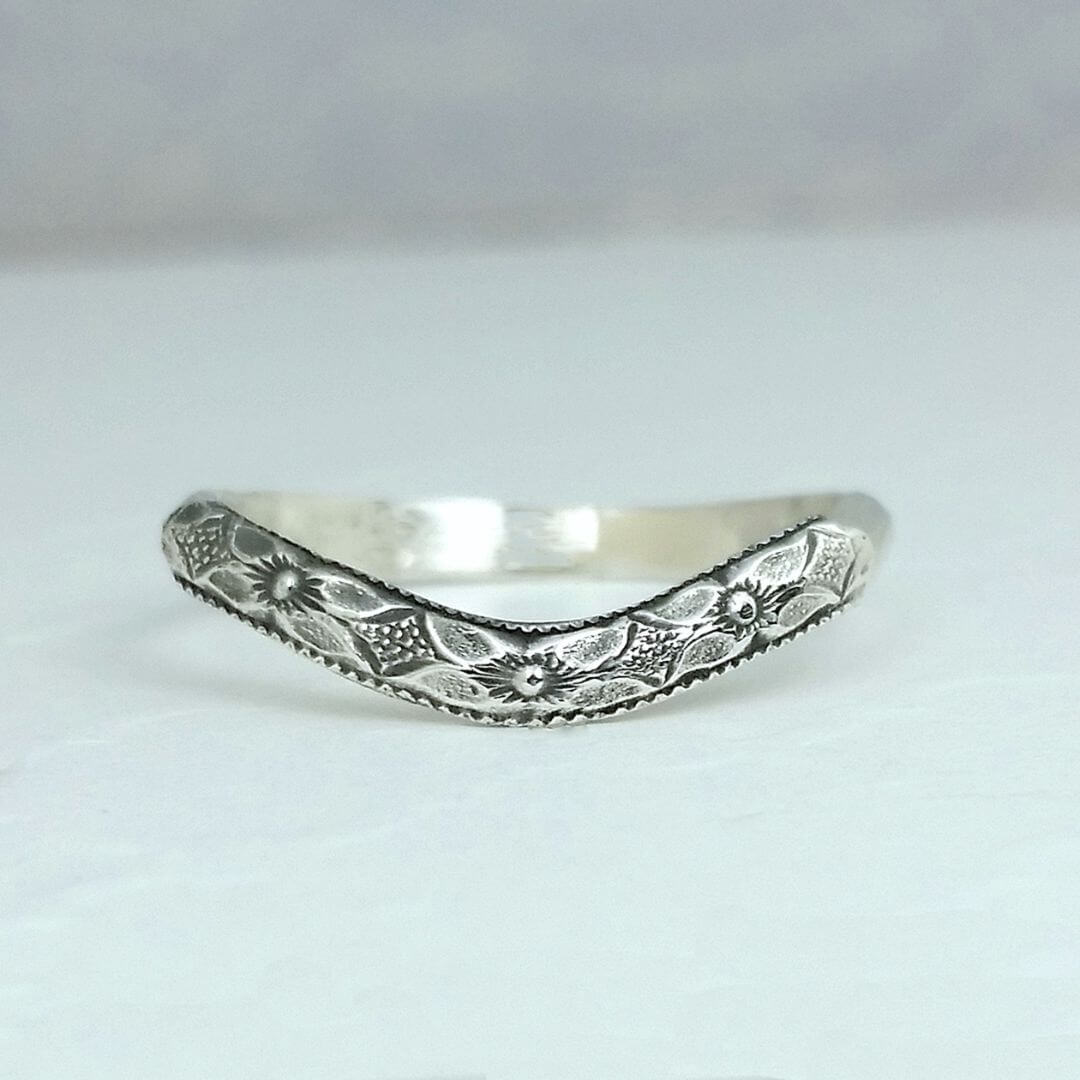Edwardian inspired floral curved wedding band in sterling silver
